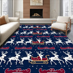 White Reindeer Sleigh Navy Blue Holiday Rug