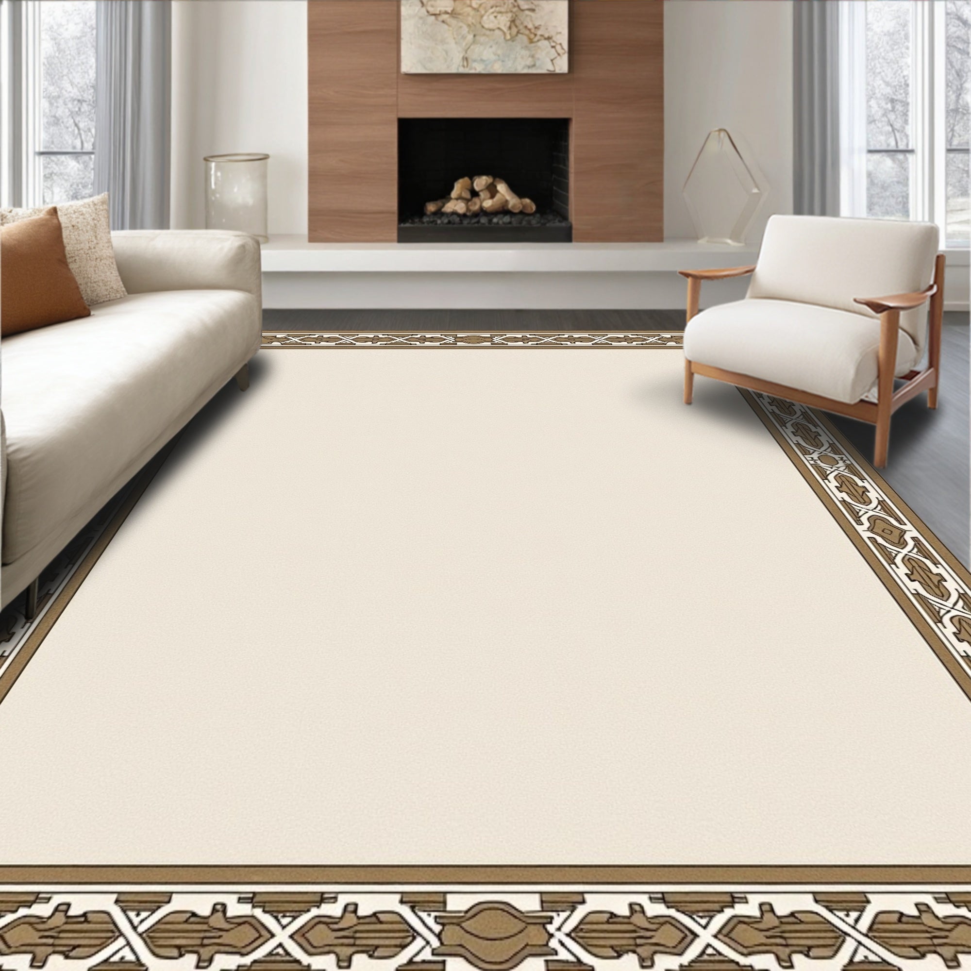 Elegant Bronze Geometric Border Rug