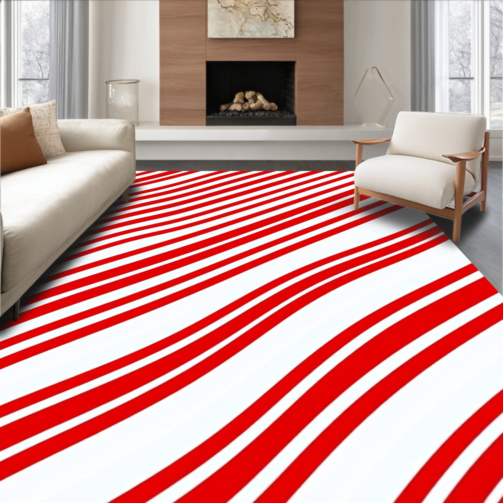 Red White Curved Stripe Rug
