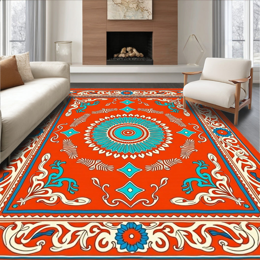 Orange Turquoise Floral Medallion Rug