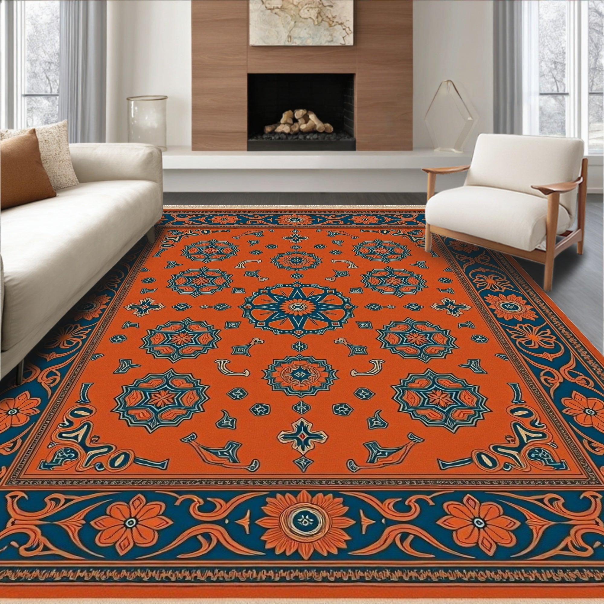 Orange Teal Medallion Floral Border Rug