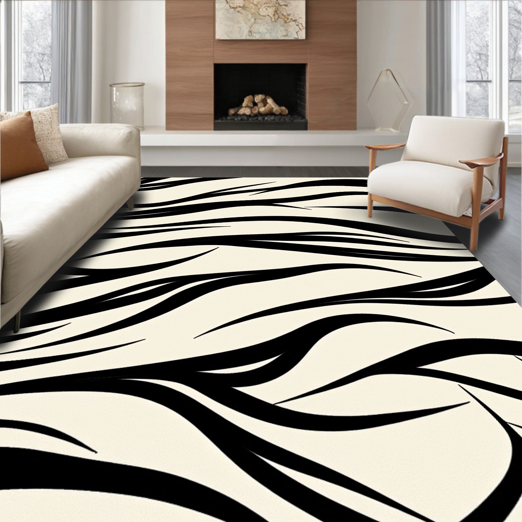 Bold Black Abstract Curve Rug