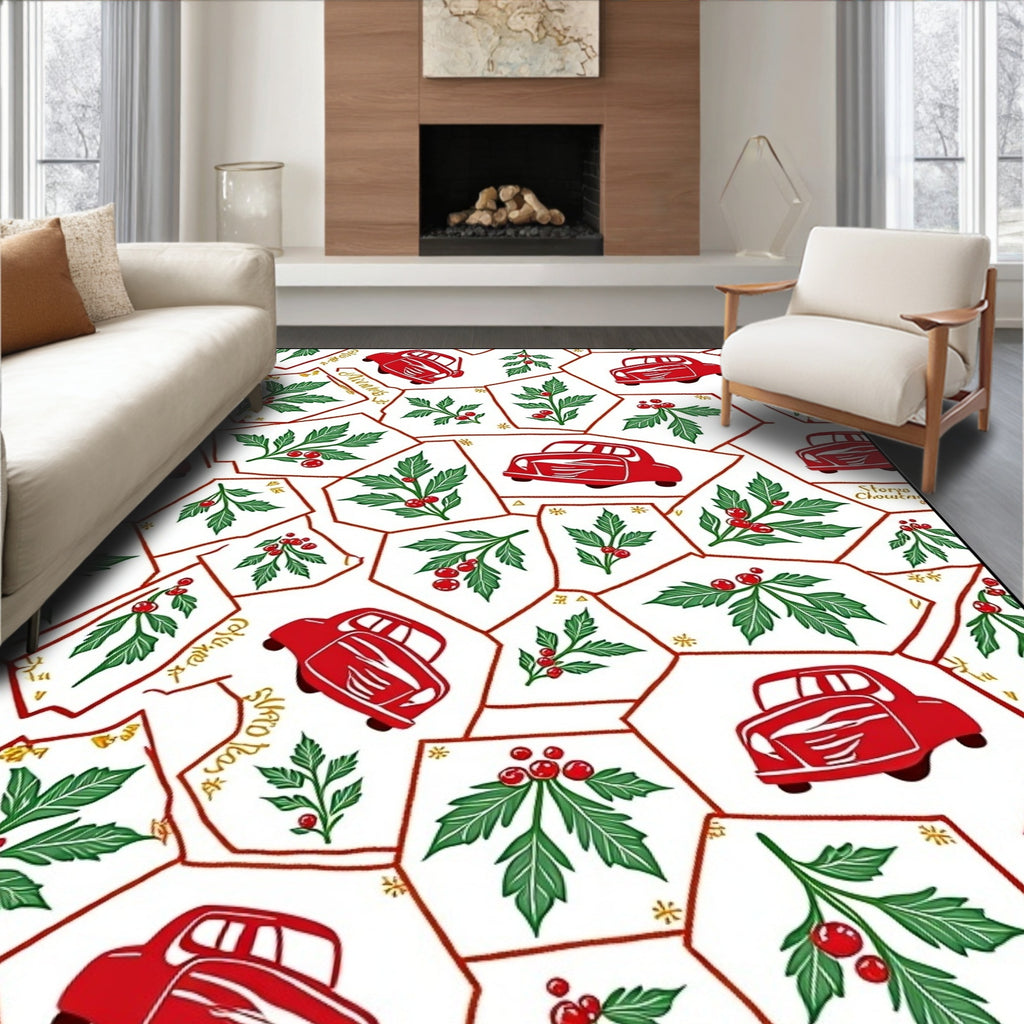Red Vintage Car Holly Berry Patchwork Rug