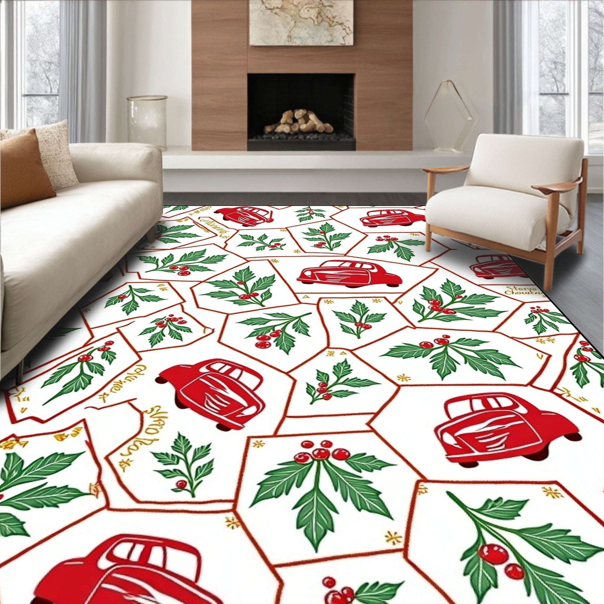 Red Vintage Car Holly Berry Patchwork Rug