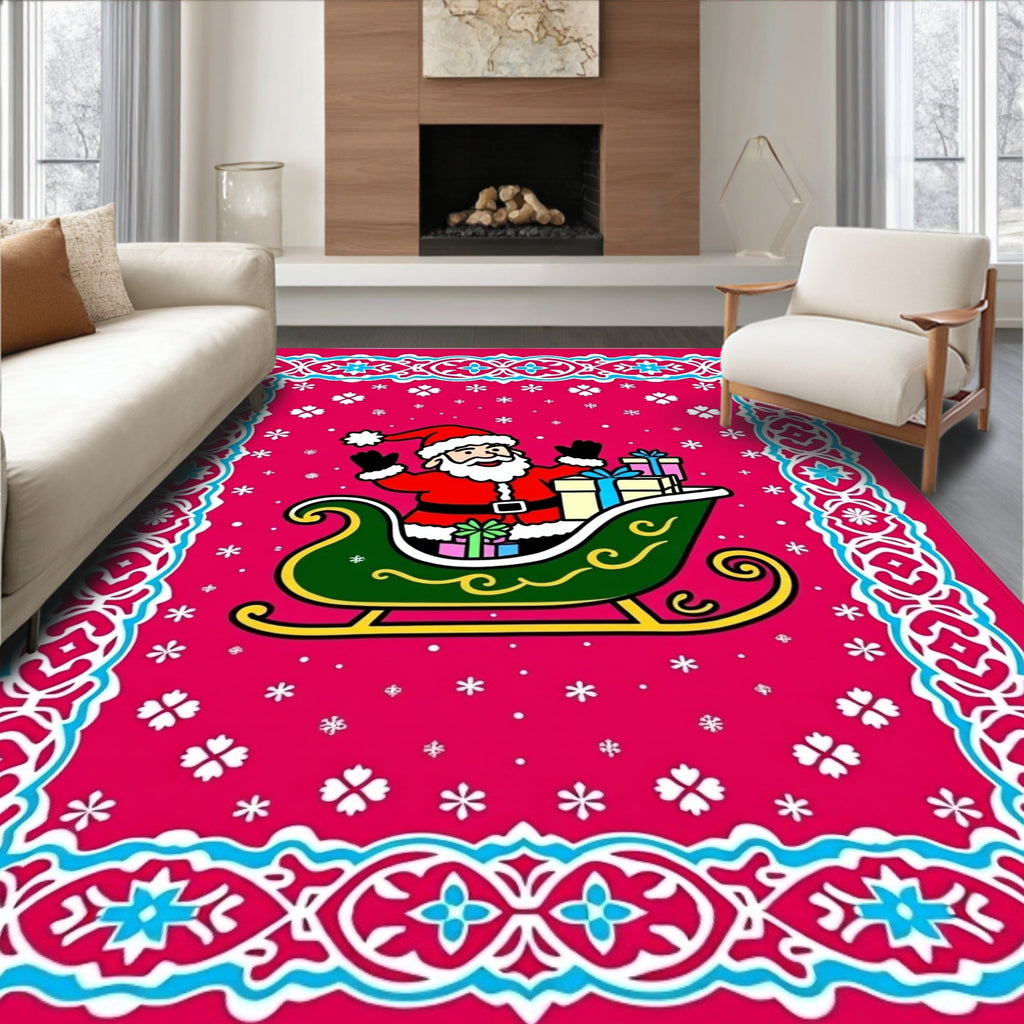 Merry Santa Sleigh Red Ornamental Rug