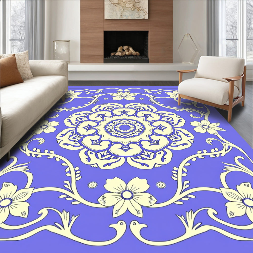 Floral Medallion on Periwinkle Background Rug
