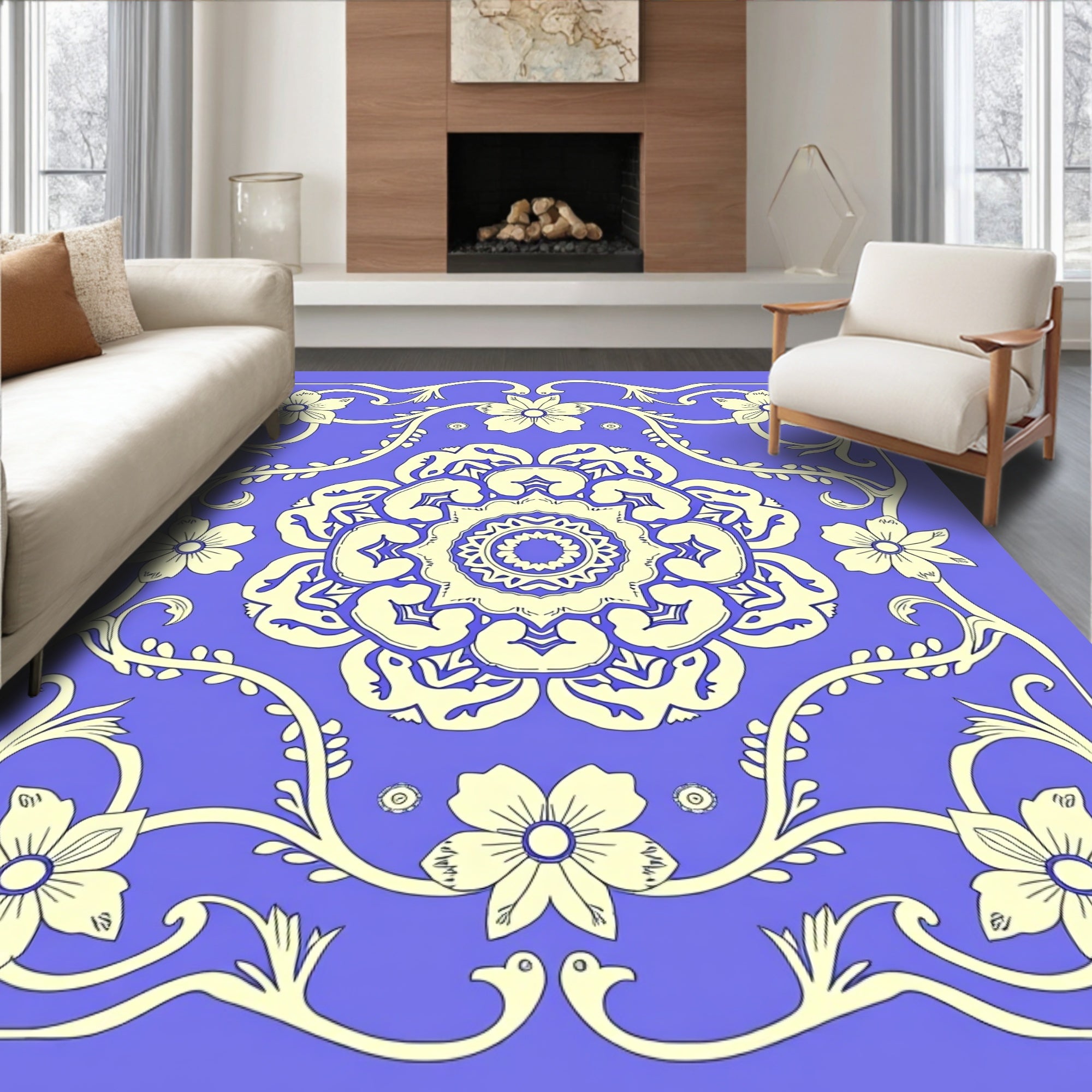 Floral Medallion on Periwinkle Background Rug