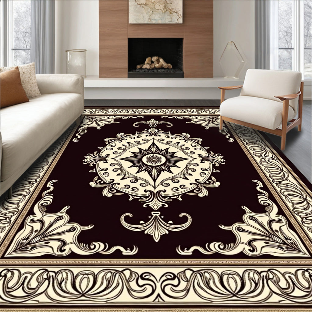 Ornate Ivory Dark Brown Medallion Border Rug