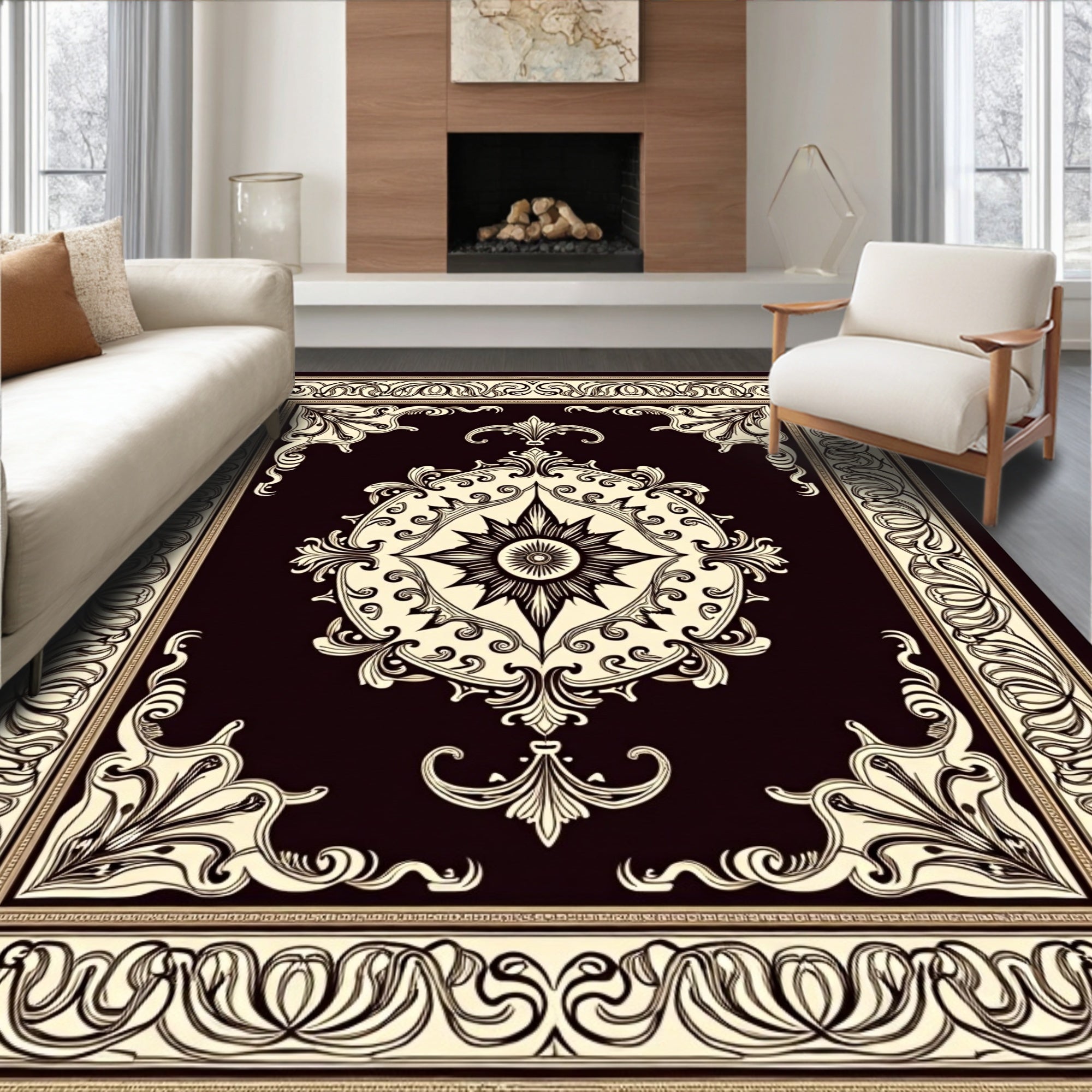 Ornate Ivory Dark Brown Medallion Border Rug