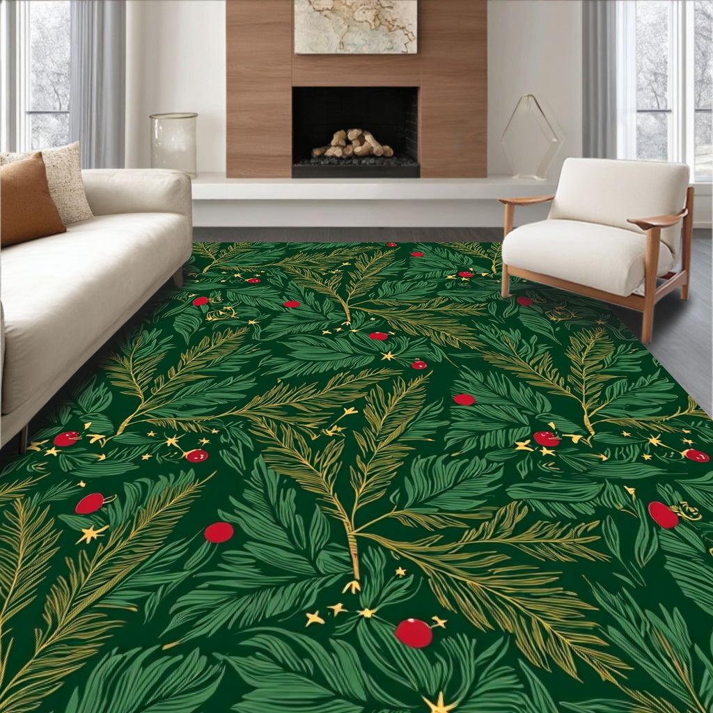 Festive Green Gold Branch Berry Stars Rug