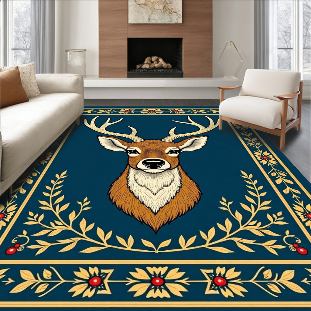 Majestic Deer Head Blue Floral Border Rug