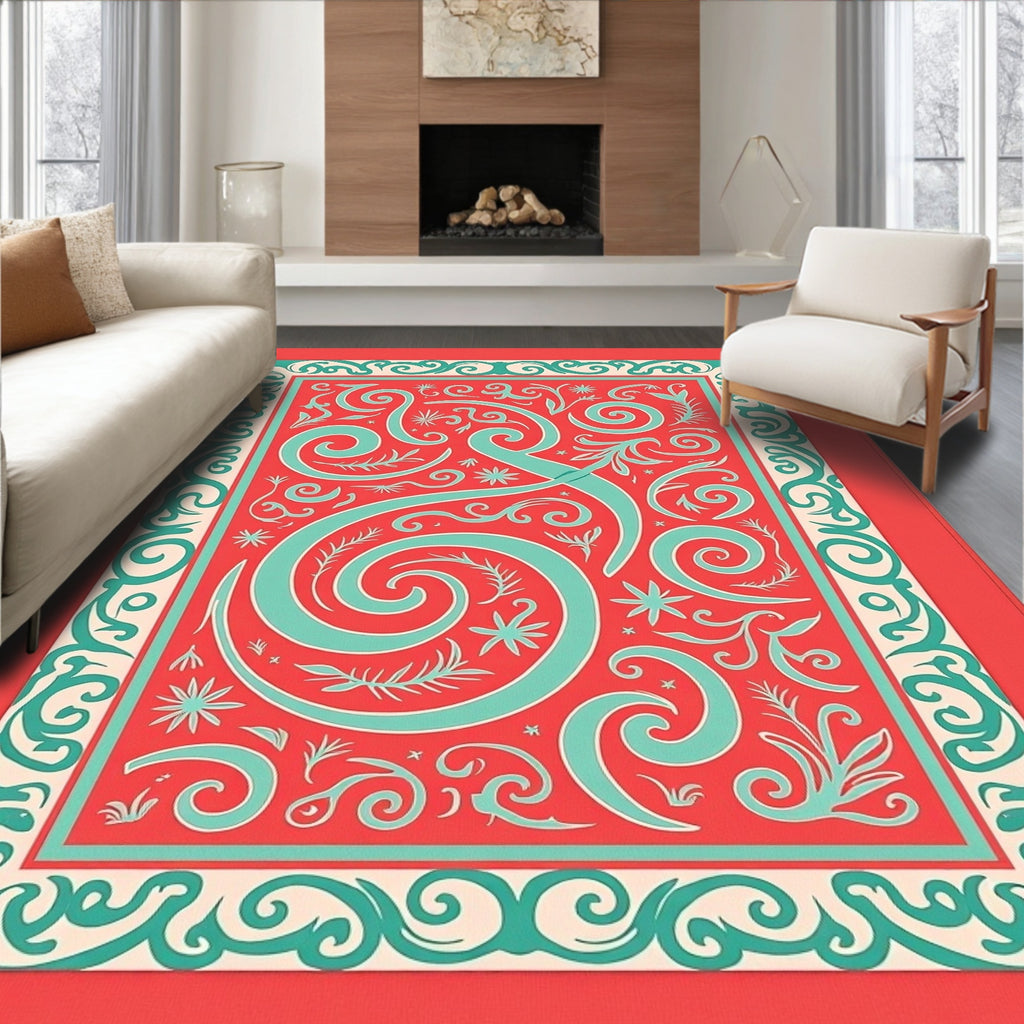 Coral Teal Swirl Floral Border Rug