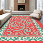 Coral Teal Swirl Floral Border Rug