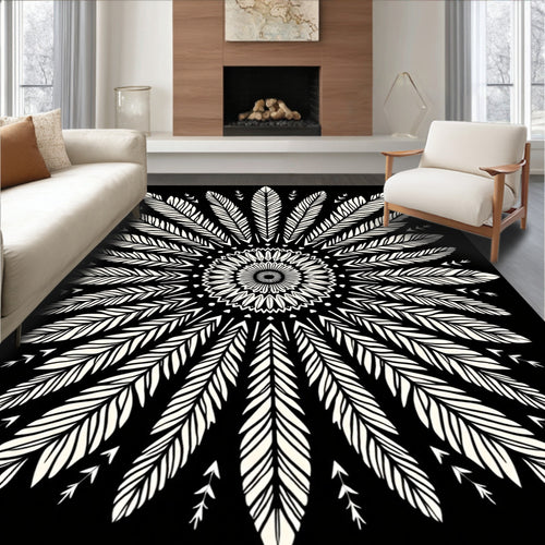 Black Cream Feather Mandala Radiance Rug