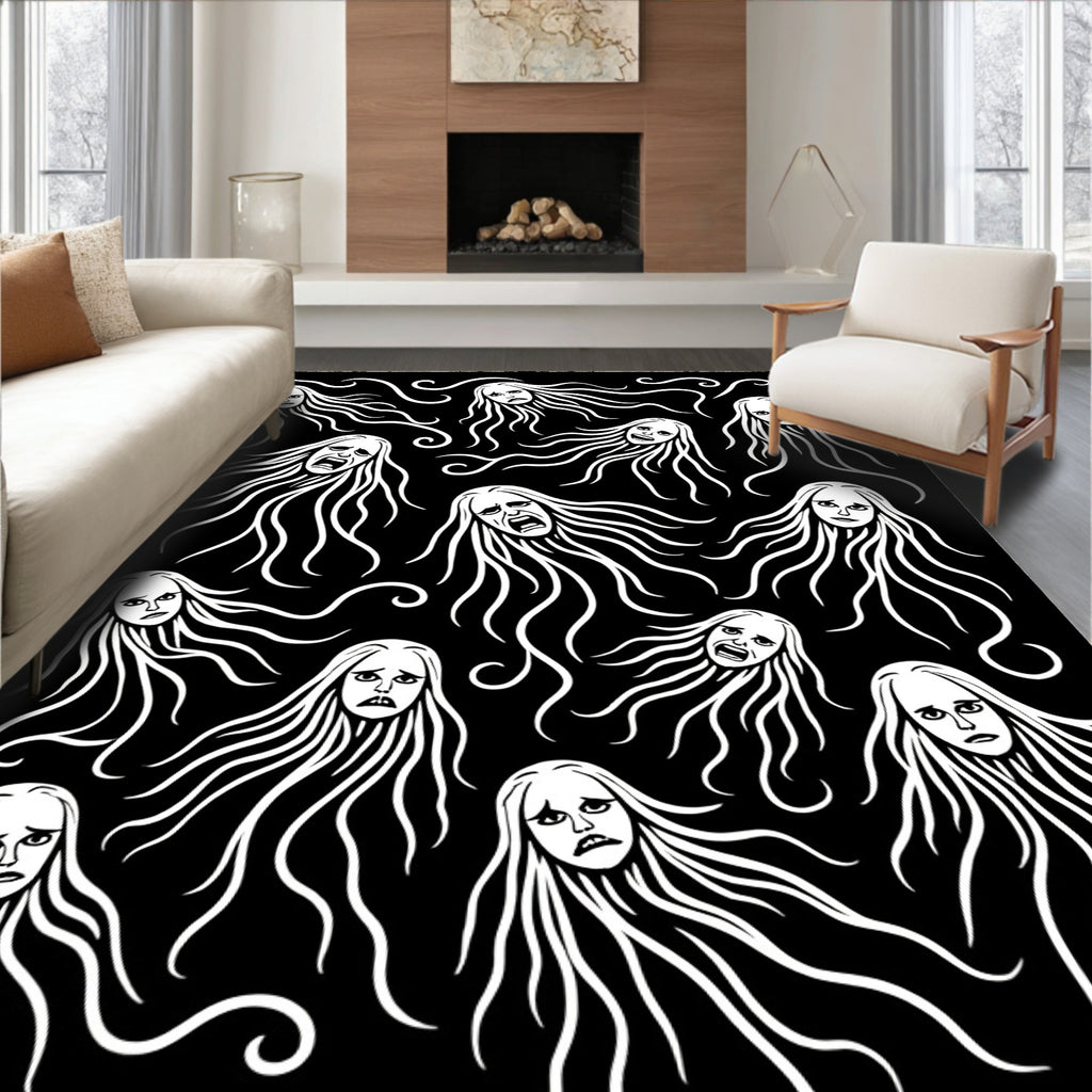 Dramatic White Faces Black Background Rug