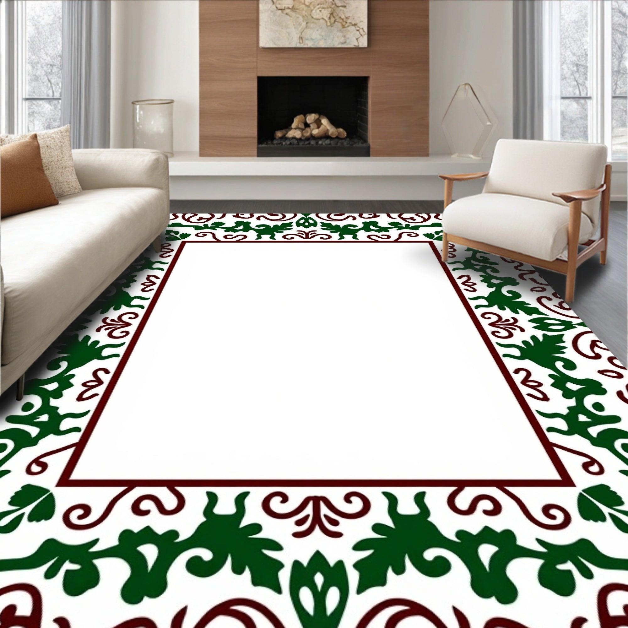 Deep Green Vine Scroll Frame Rug
