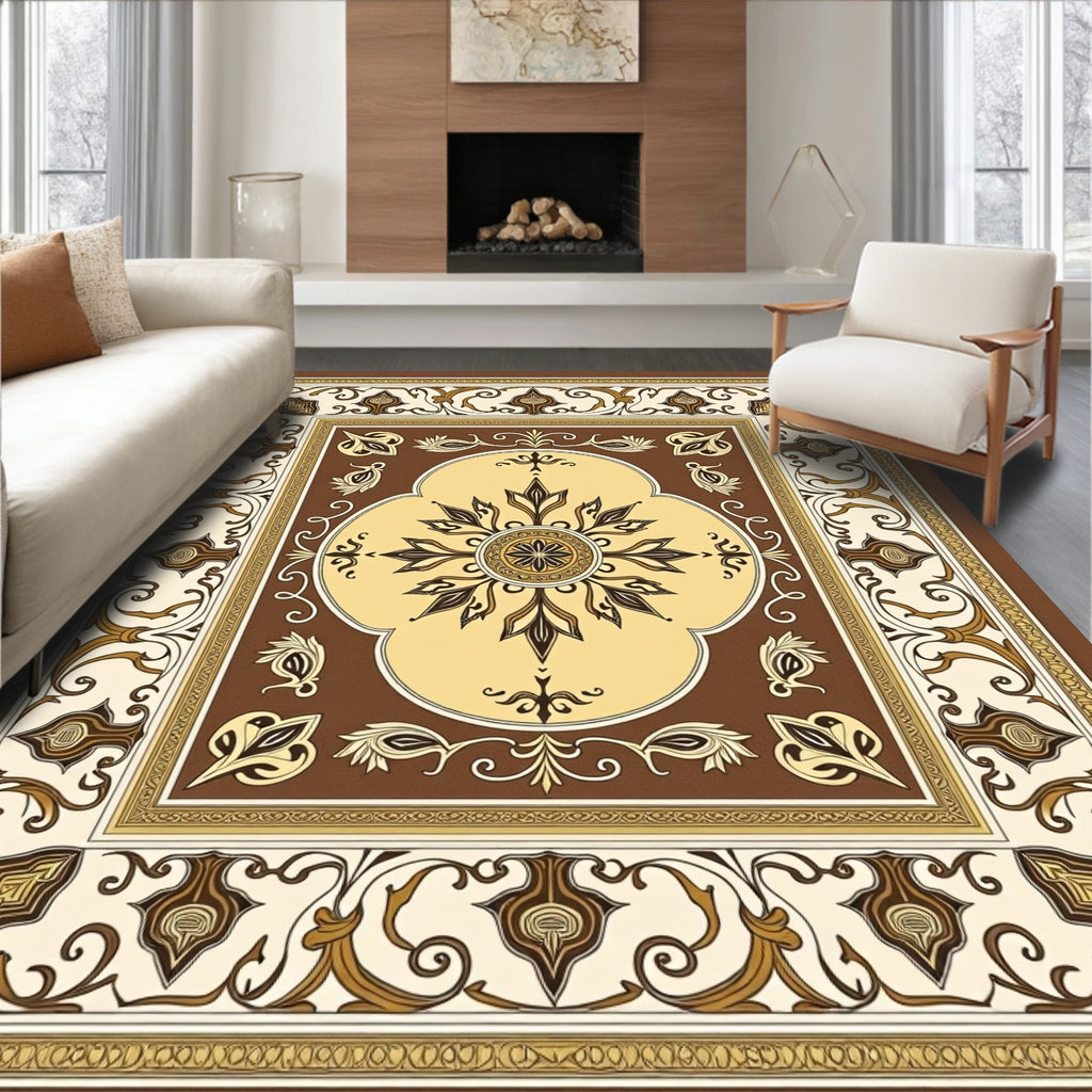 Brown Cream Floral Medallion Border Rug