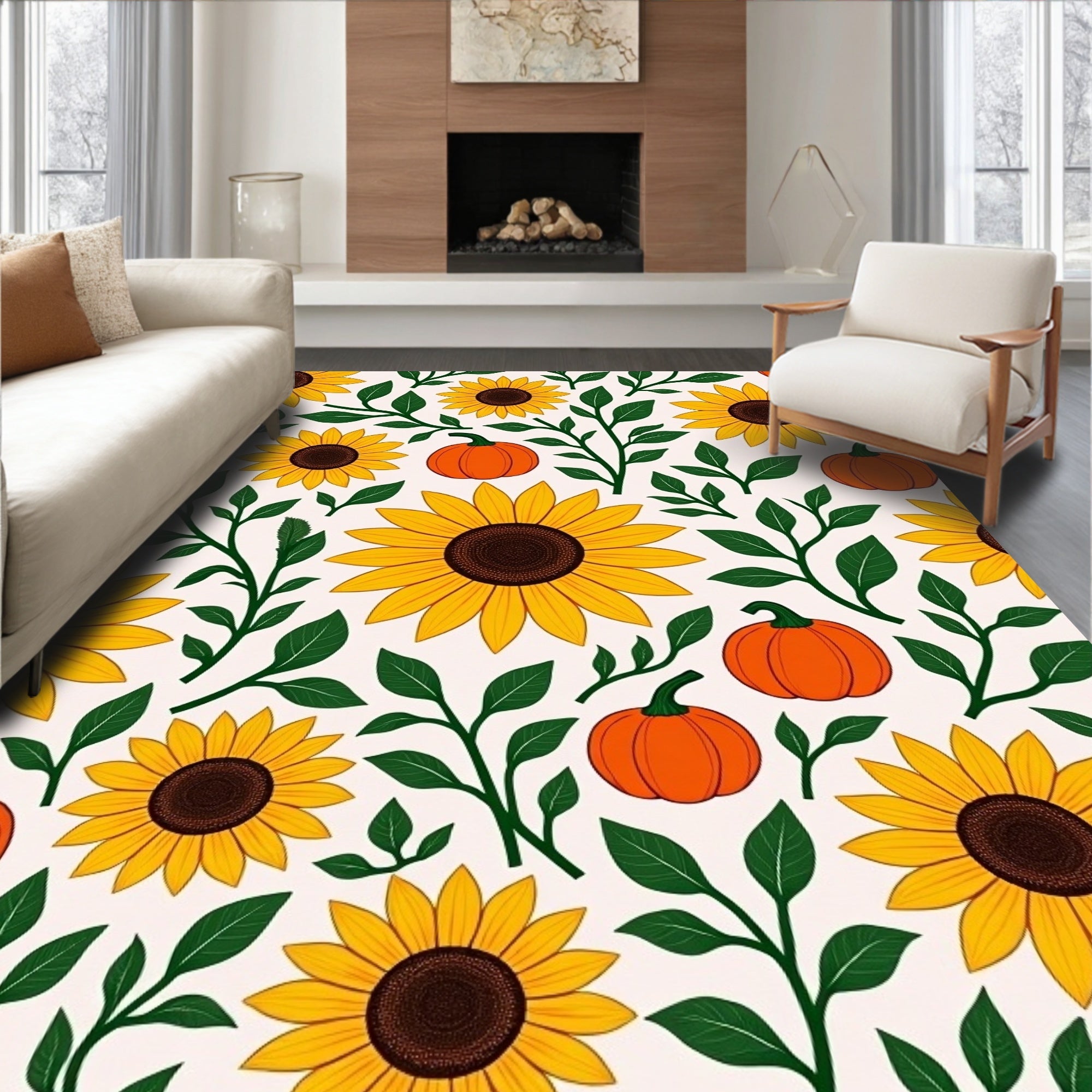 Golden Sunflowers Orange Pumpkins Bountiful Garden Rug