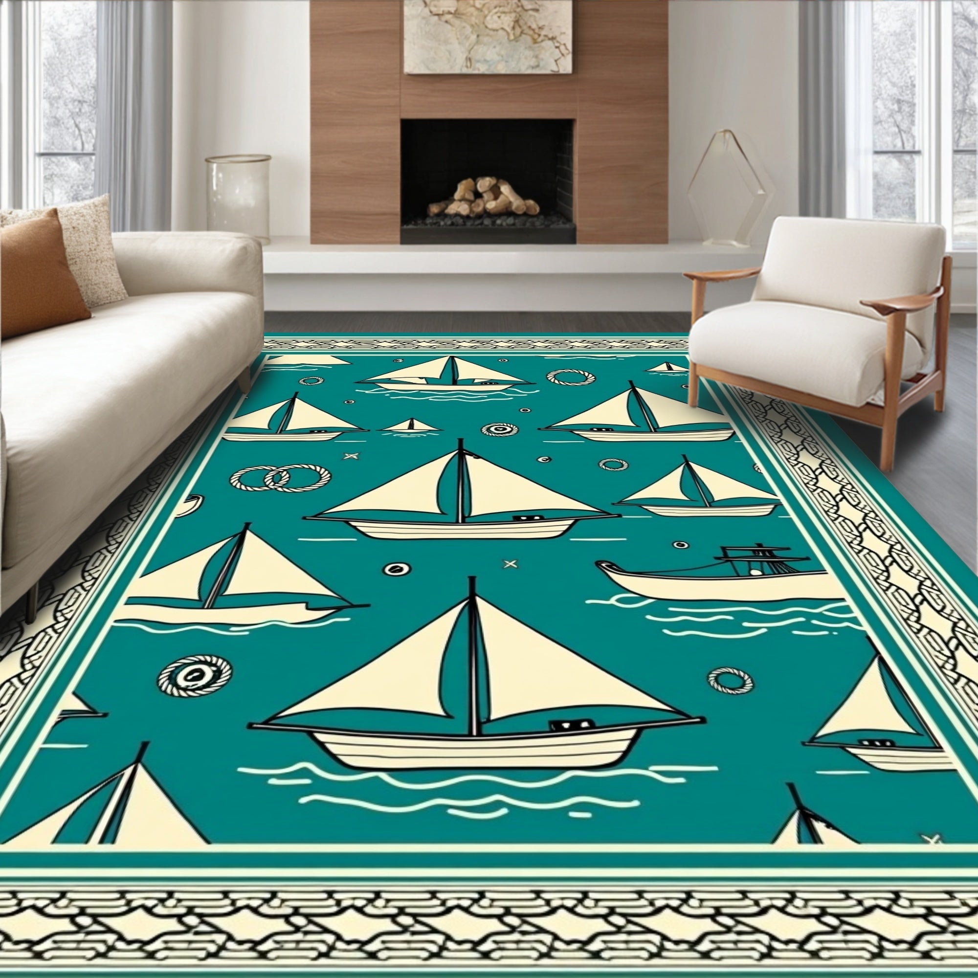 Teal Sailboat Nautical Ocean Theme Rug