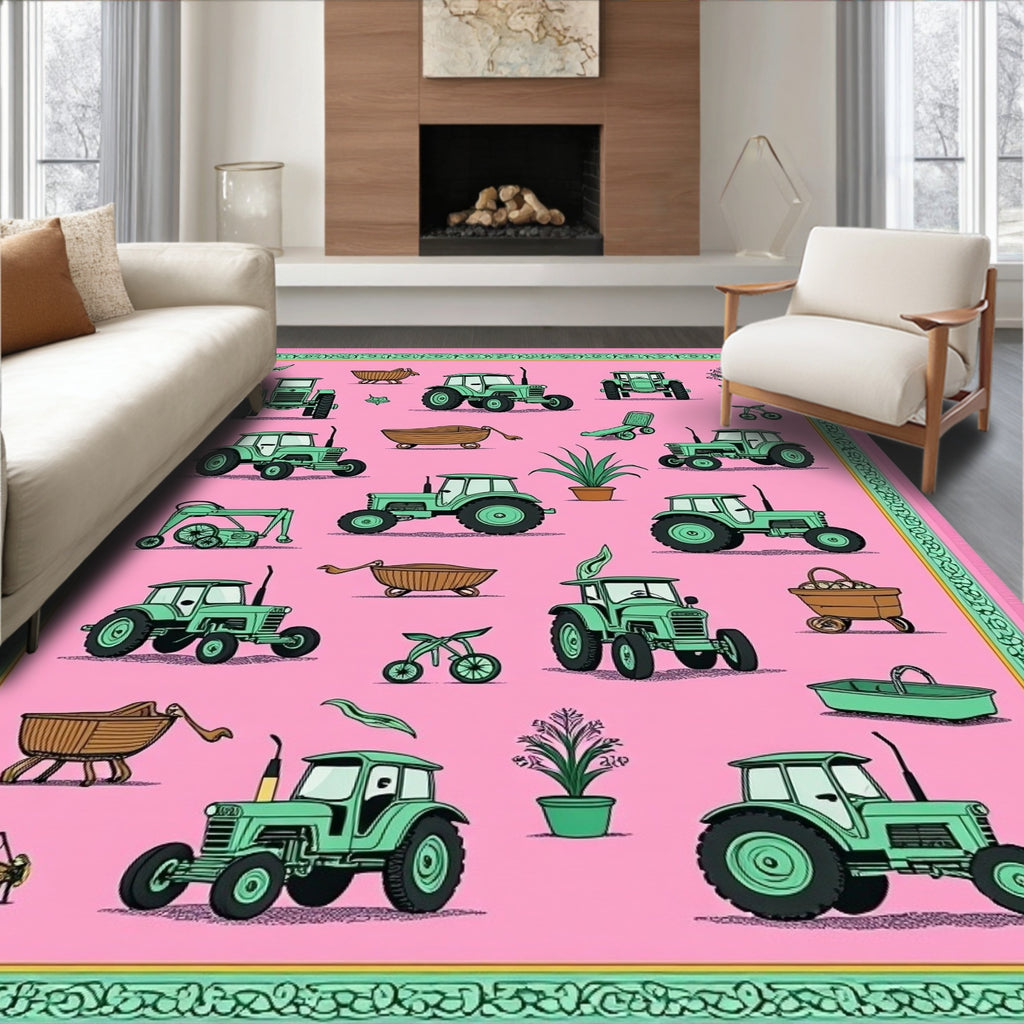 Pink Green Tractor Farm Collage Rug