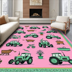 Pink Green Tractor Farm Collage Rug