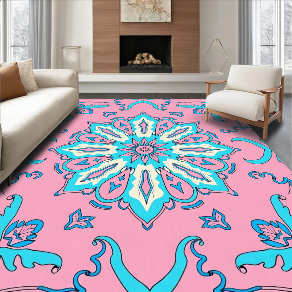Pink Aqua Floral Medallion Rug