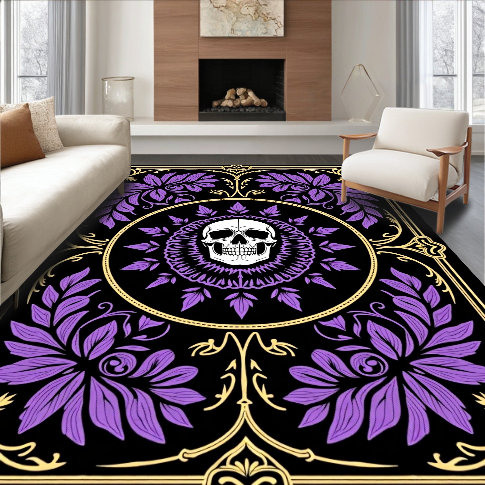 Purple Floral Skull Medallion Rug