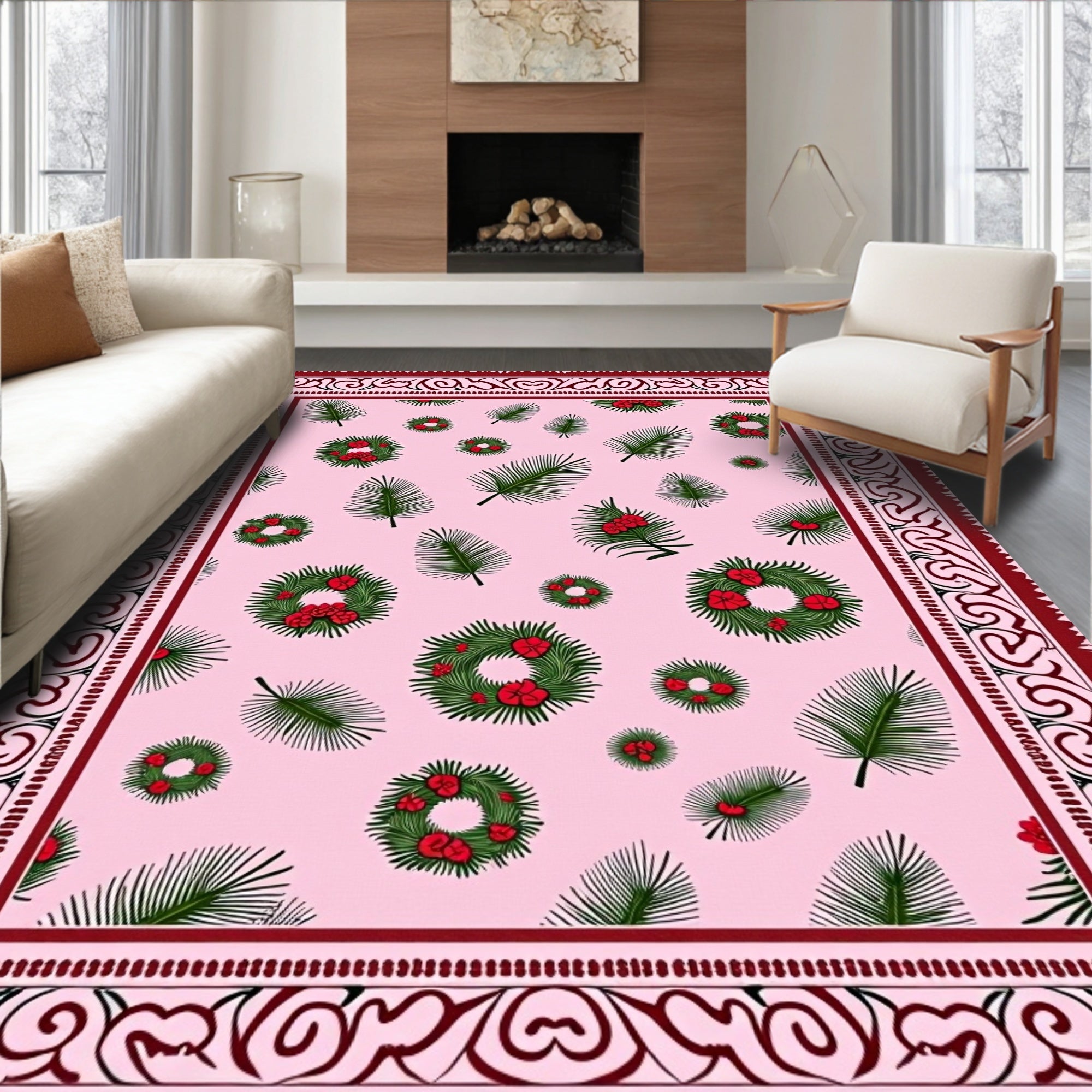 Pink Fern Wreath Christmas Rug
