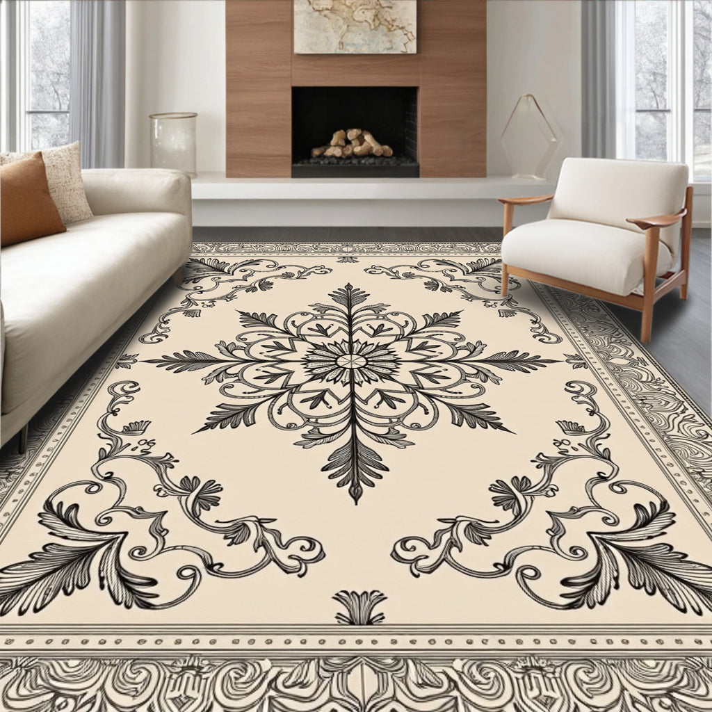 Classical Black and Cream Floral Medallion Rug