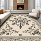 Classical Black and Cream Floral Medallion Rug