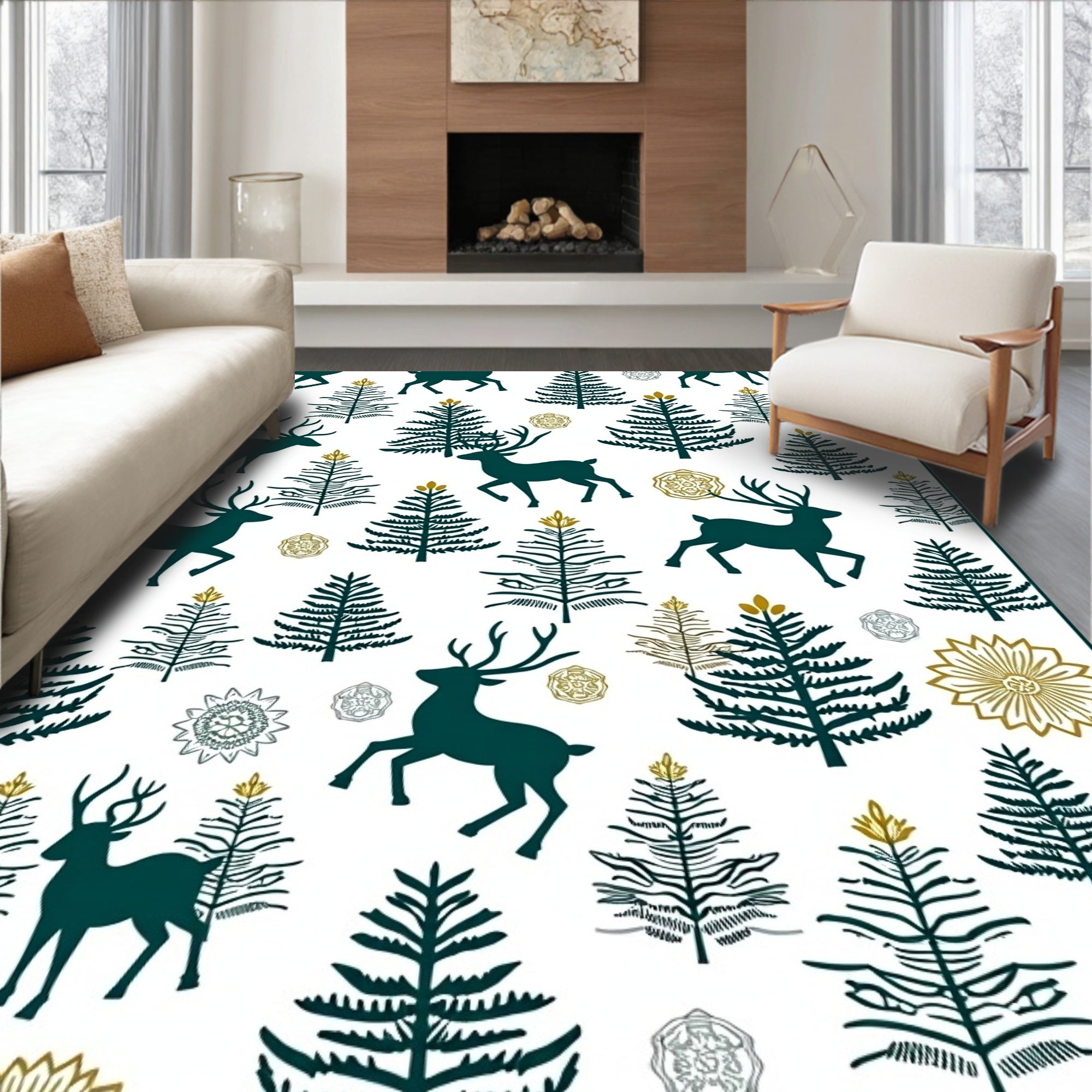 Winter Deer Forest Gold Medallion Rug