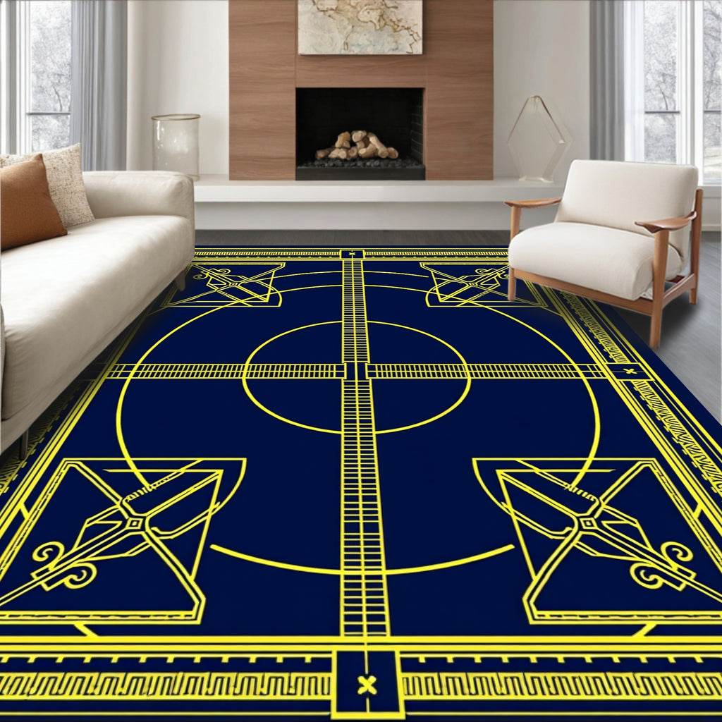 Navy Yellow Geometric Square Circle Rug