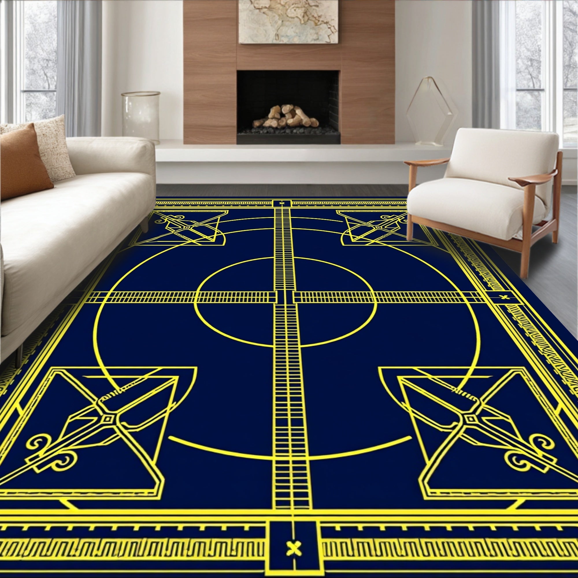 Navy Yellow Geometric Square Circle Rug