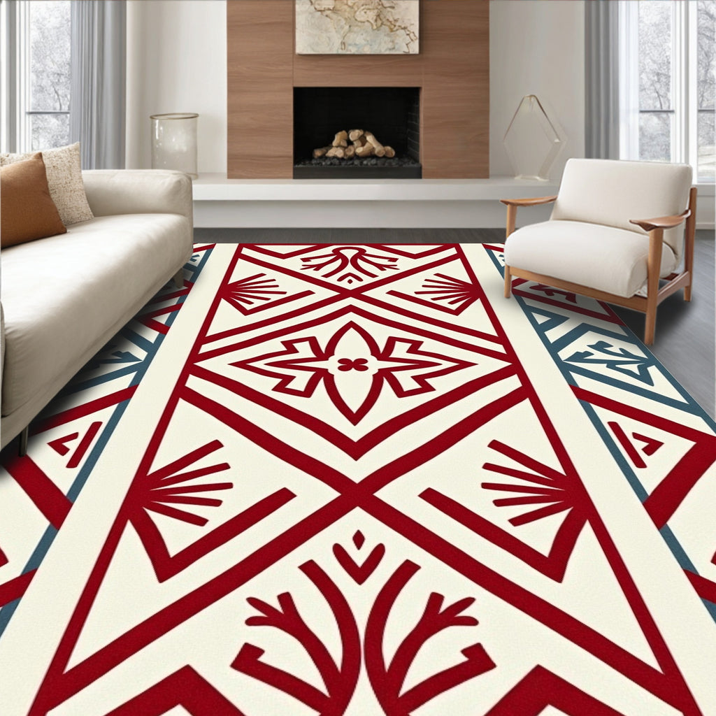 Crimson Teal Diamond Geometric Folk Art Rug