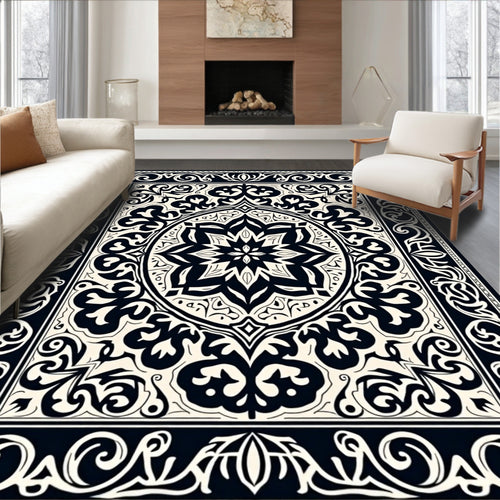 Black Cream Intricate Floral Medallion Rug