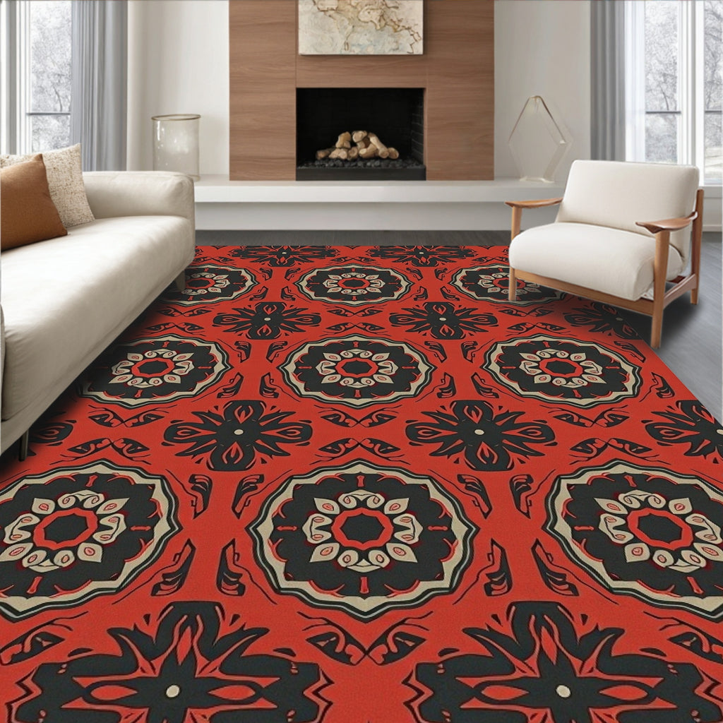 Crimson Red Geometric Medallion Rug