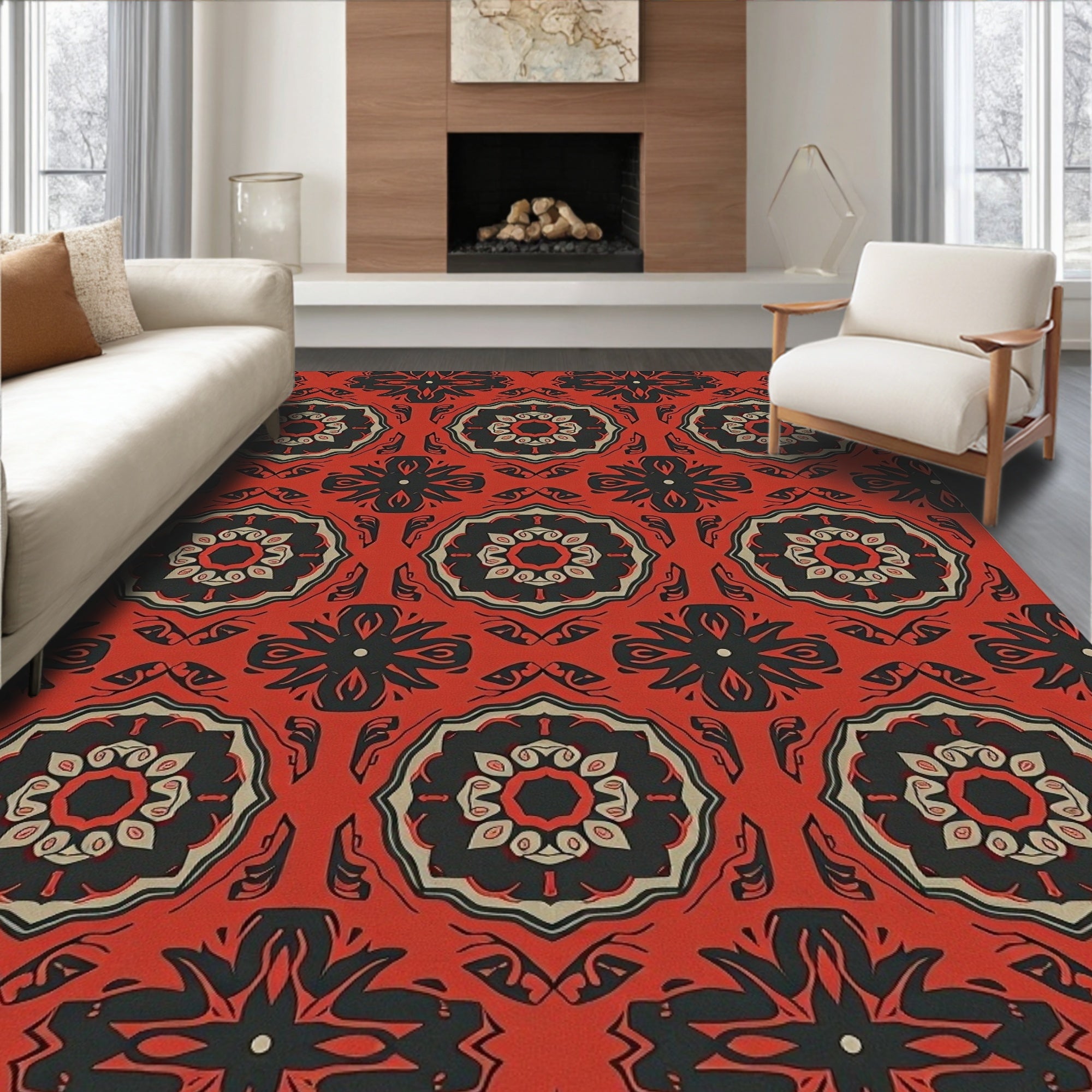 Crimson Red Geometric Medallion Rug