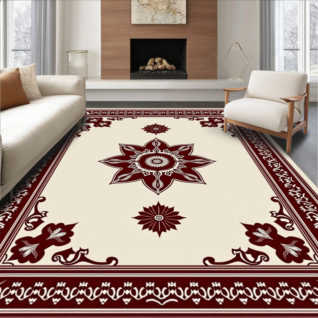 Ornate Crimson Eight Petal Bloom Rug