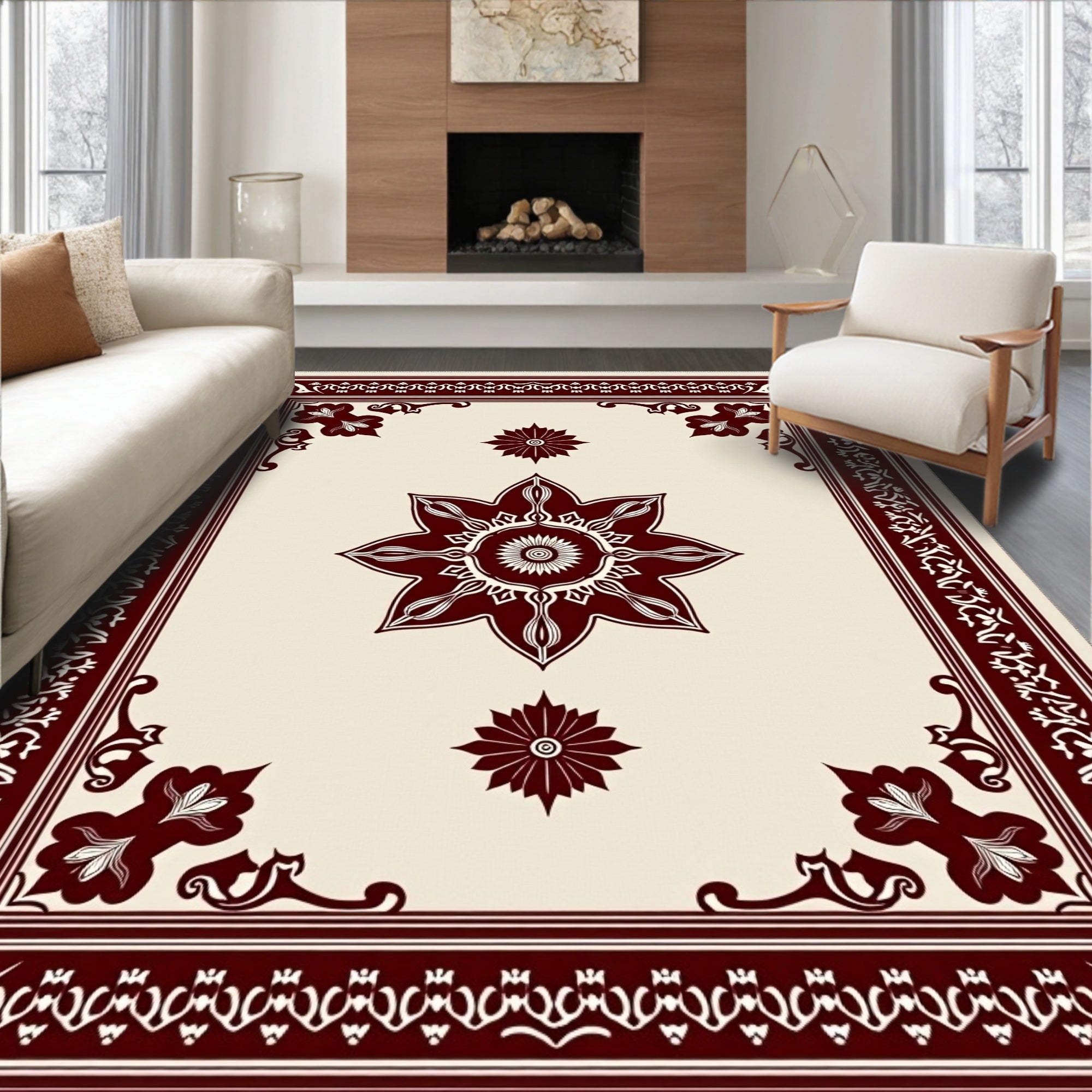 Ornate Crimson Eight Petal Bloom Rug
