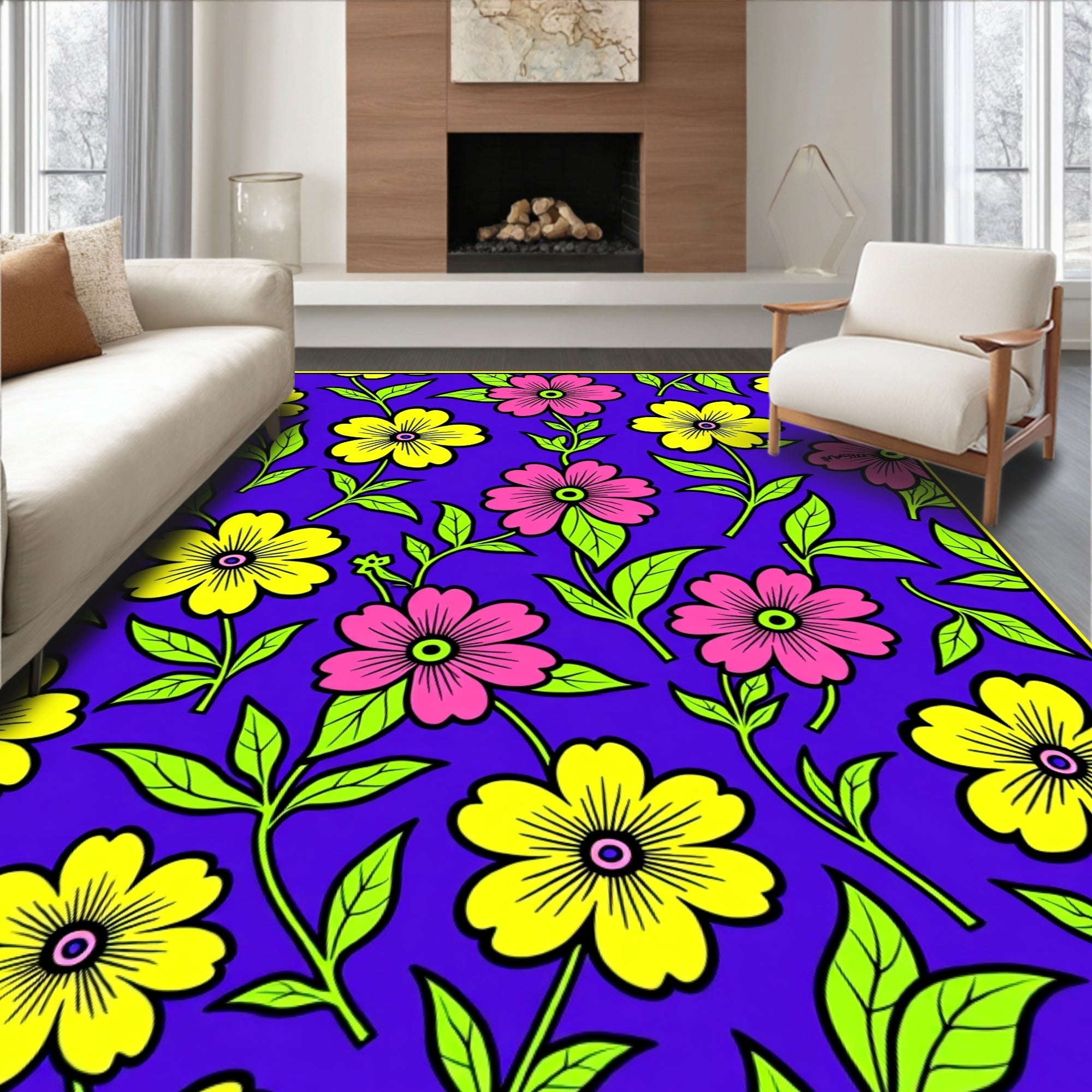 Vibrant Yellow Pink Floral Garden Rug