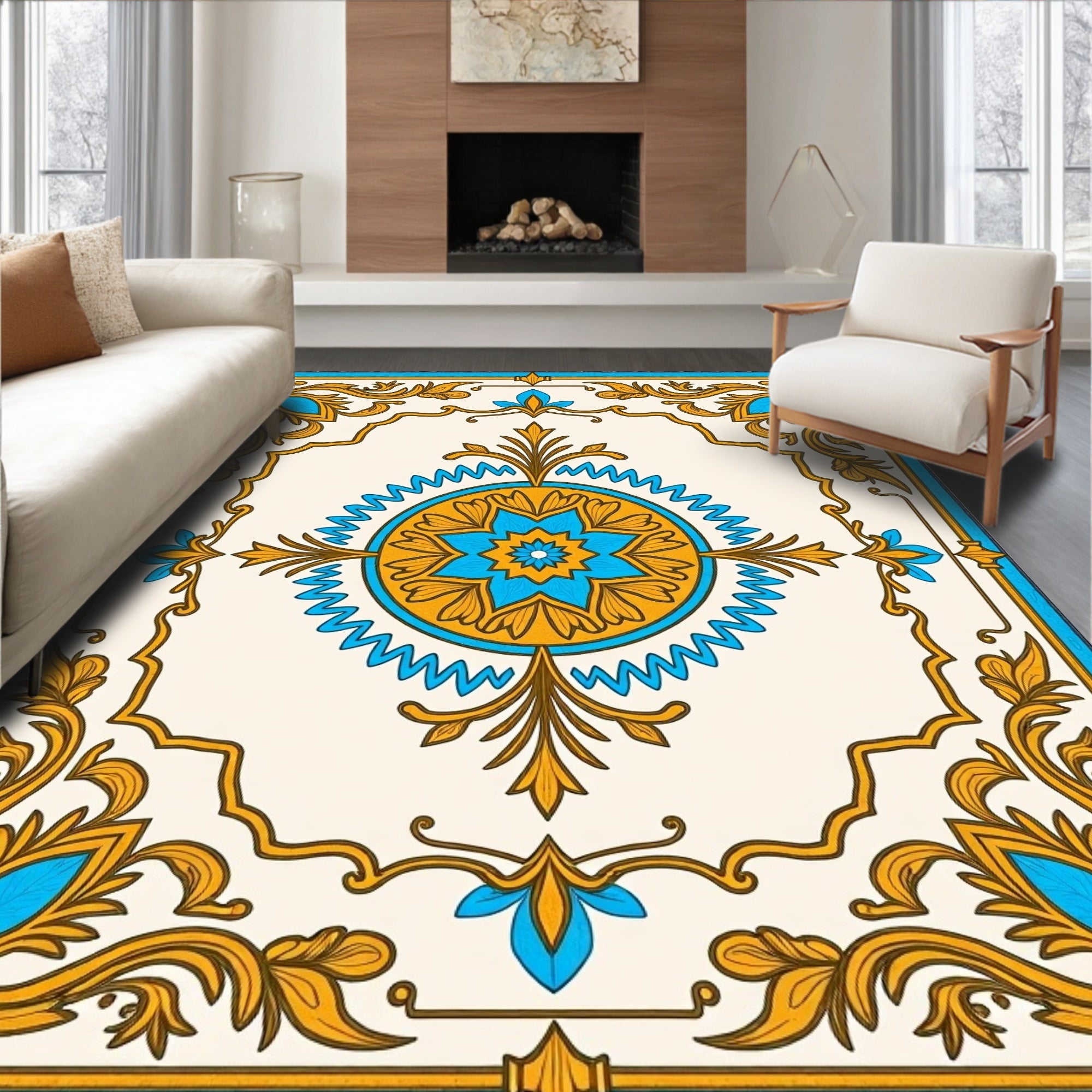 Ornate Blue and Gold Floral Medallion Rug