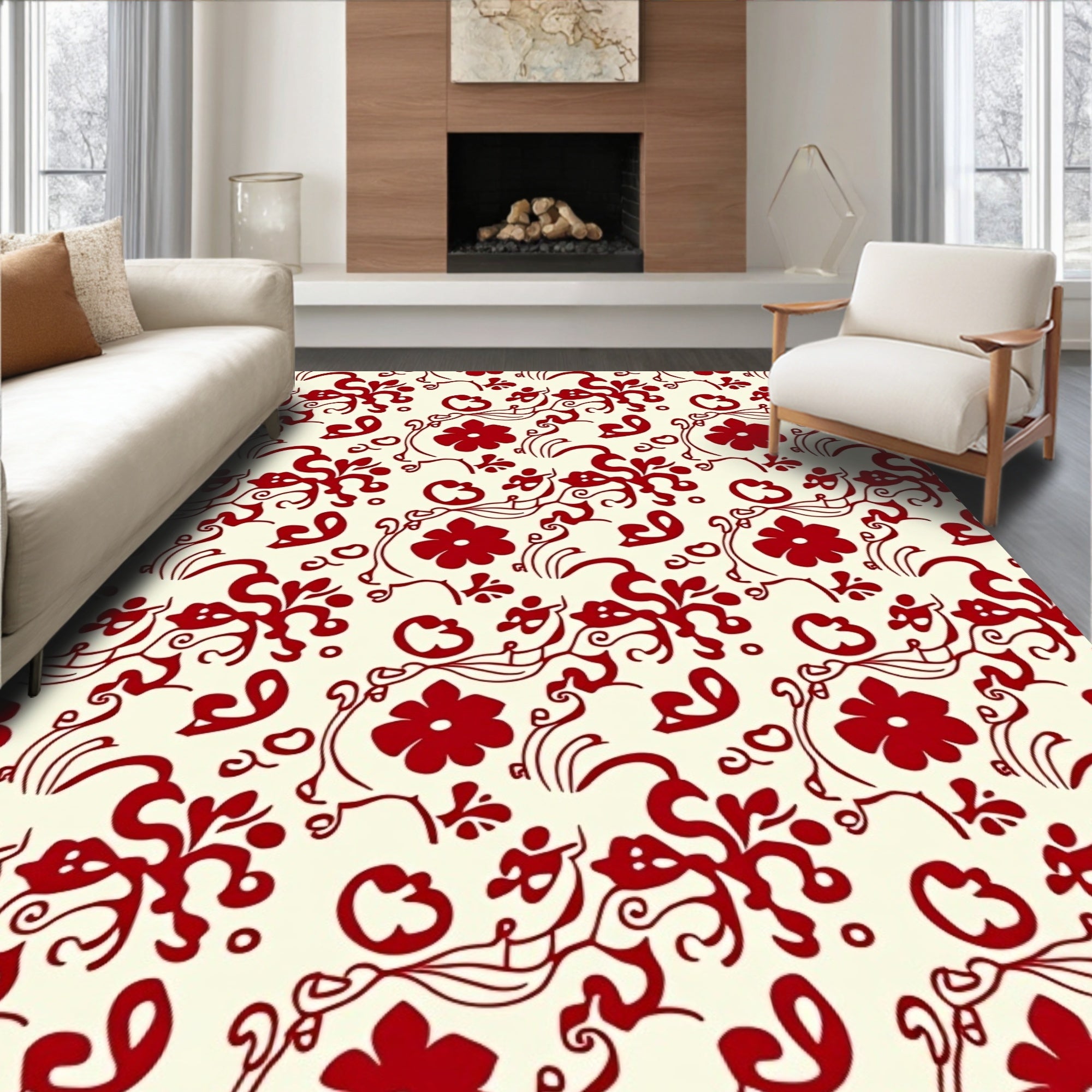 Crimson Floral Vine Symmetry Rug