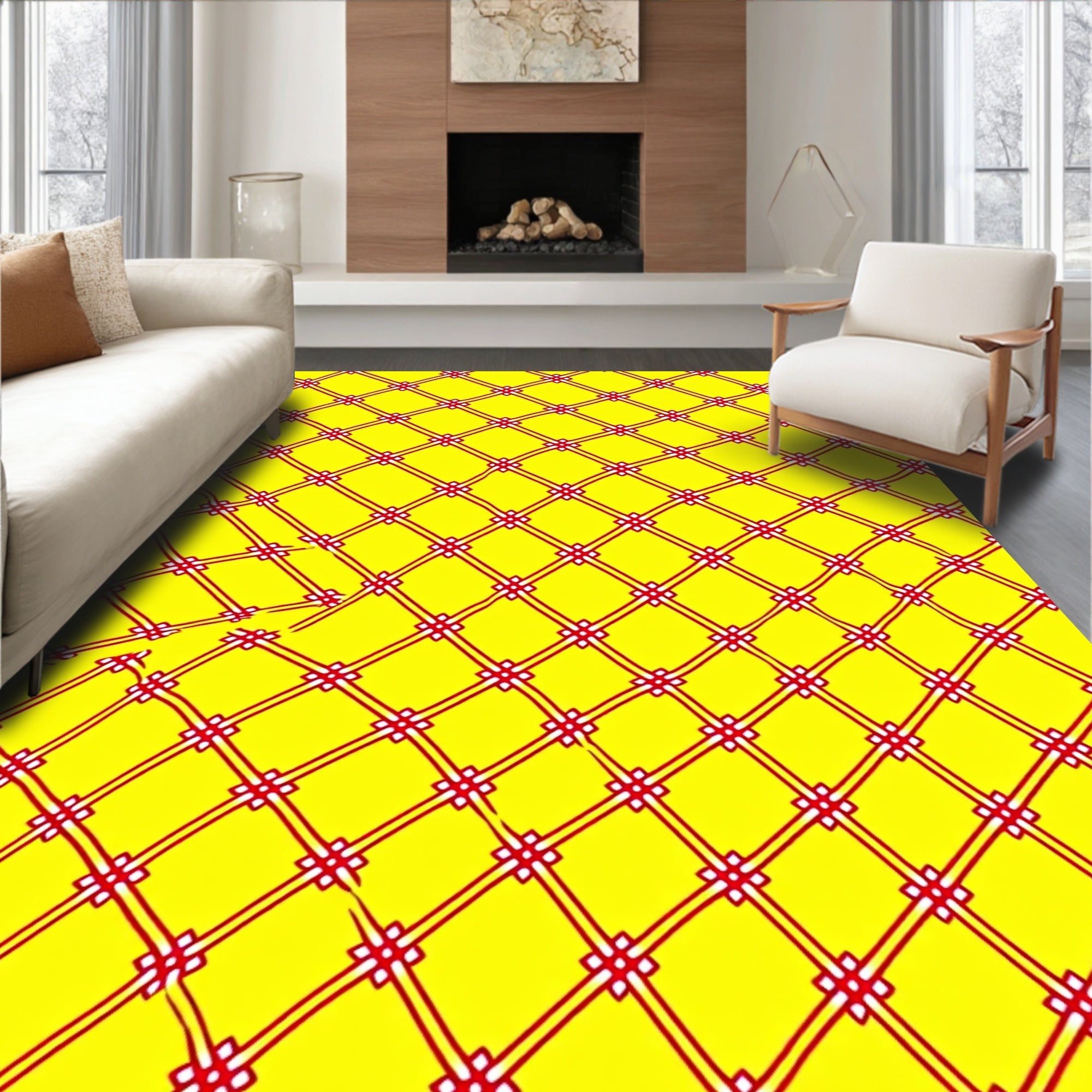Bold Yellow Red Lattice Rug