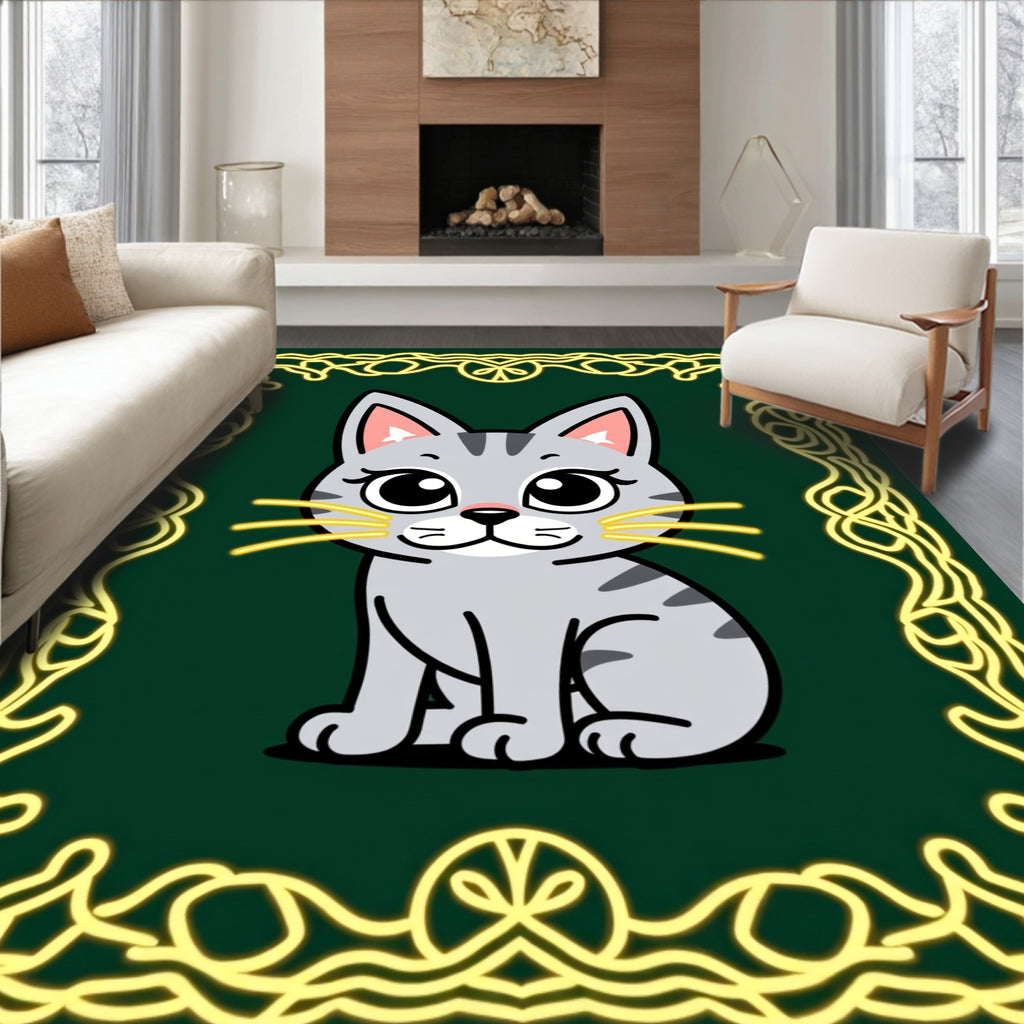 Cute Gray Cat Within Yellow Frame Rug