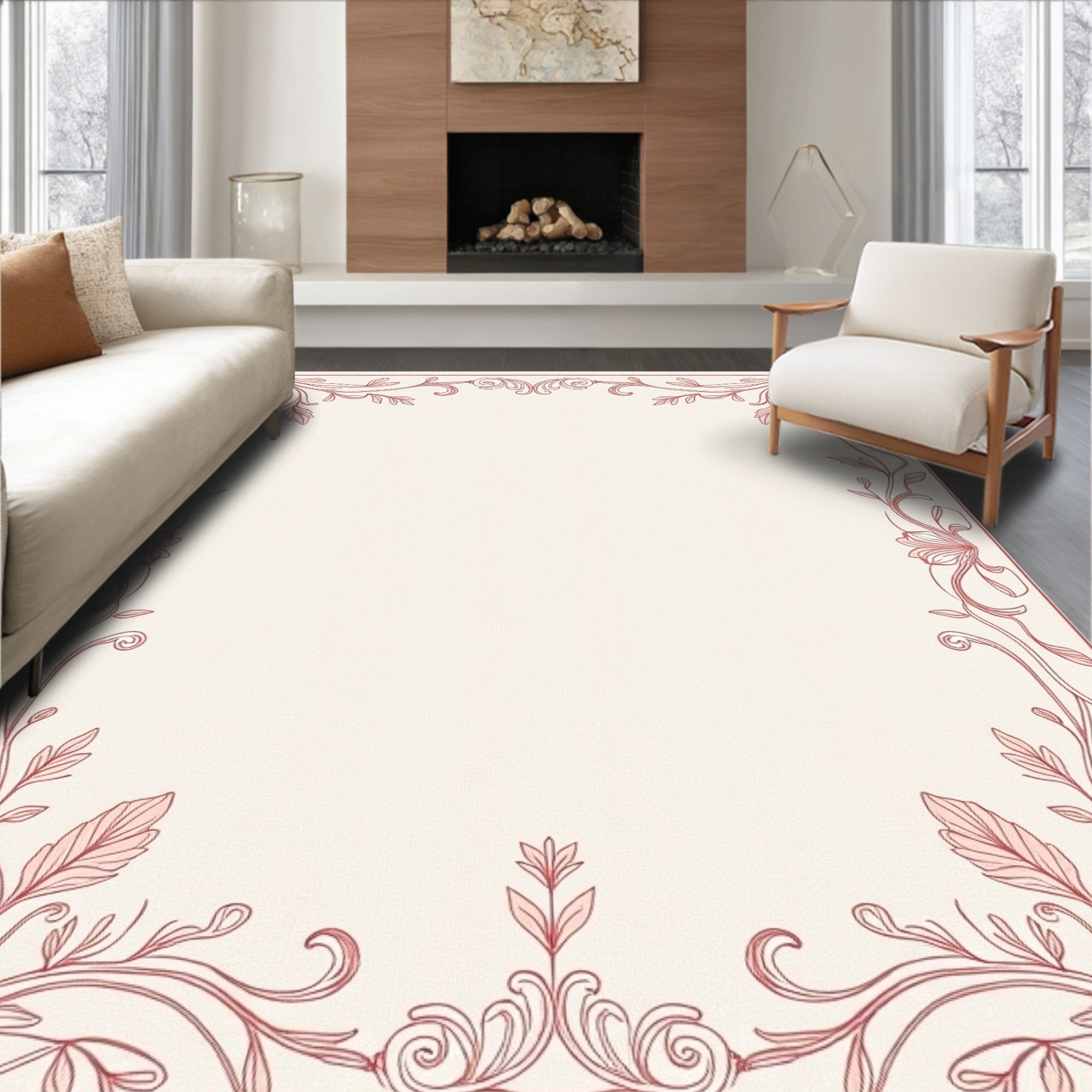 Ornate Blush Floral Vine Borders Rug