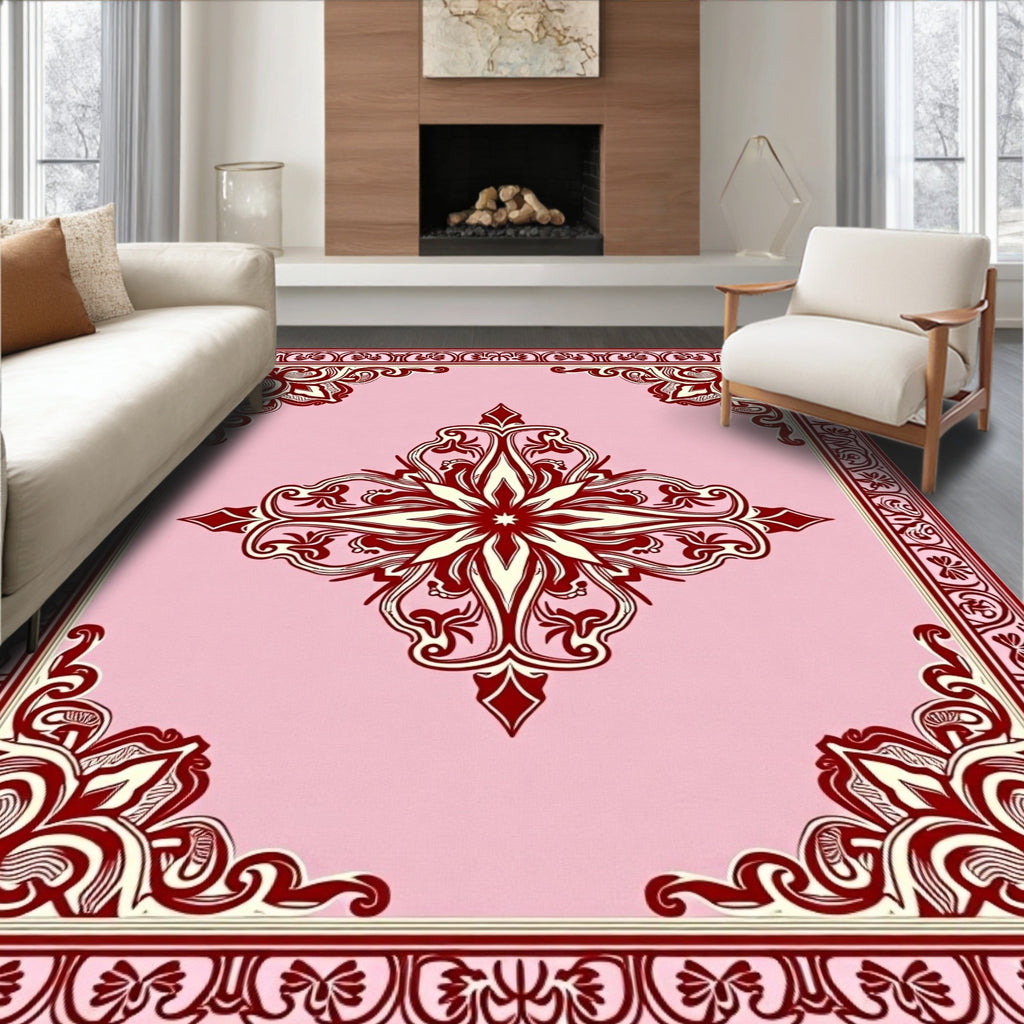 Crimson Pink Floral Scrollwork Medallion Rug