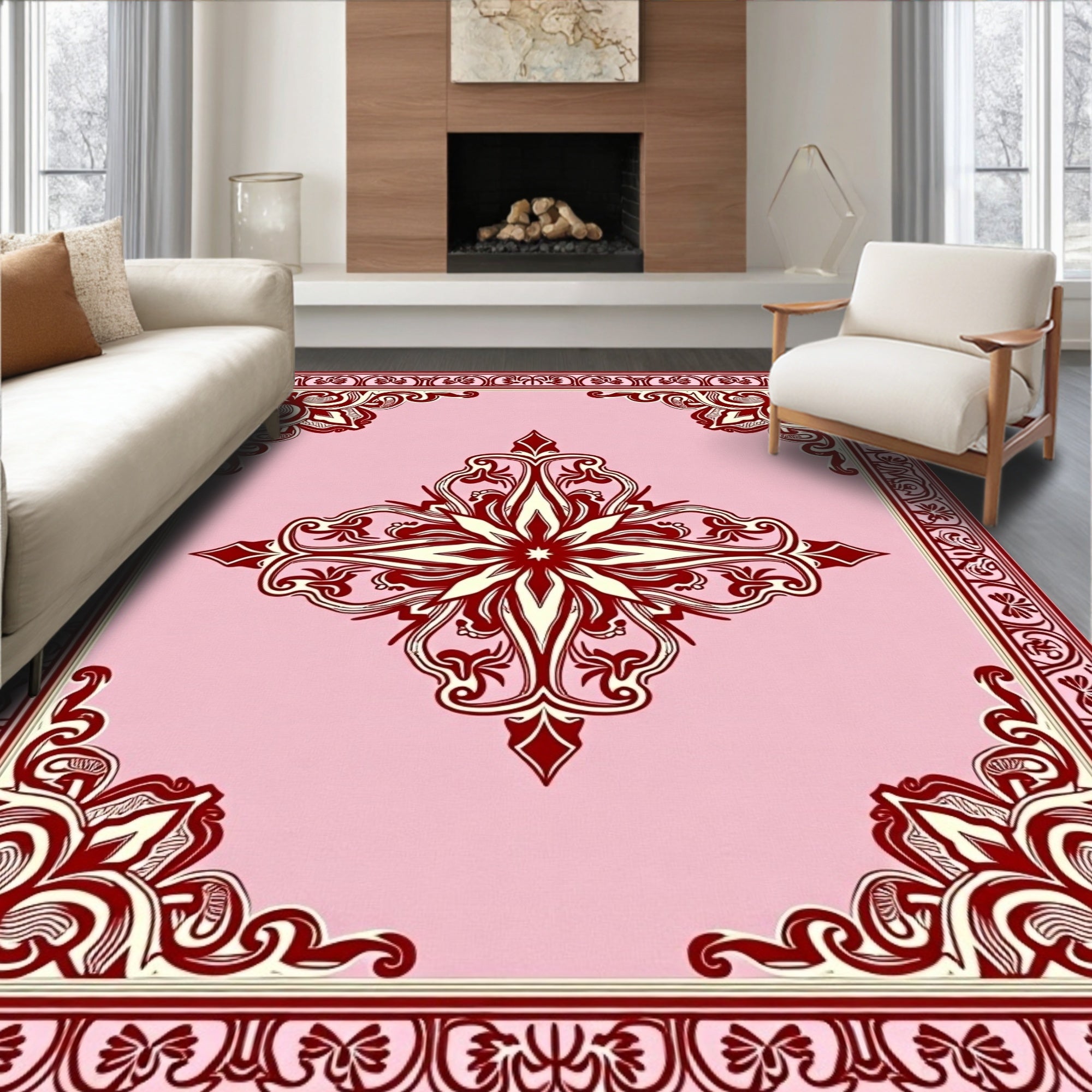 Crimson Pink Floral Scrollwork Medallion Rug