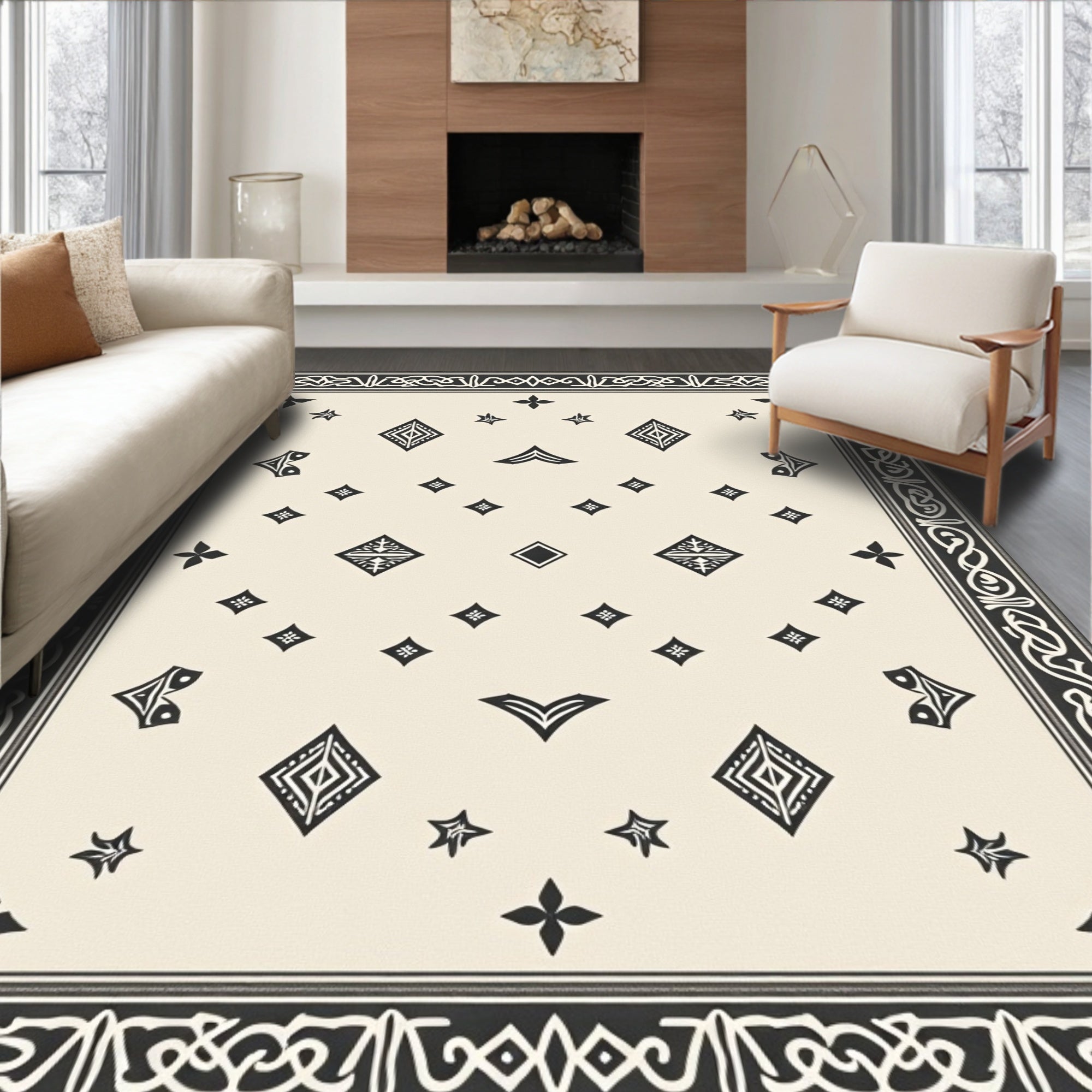 Cream Black Diamond Border Medallion Rug