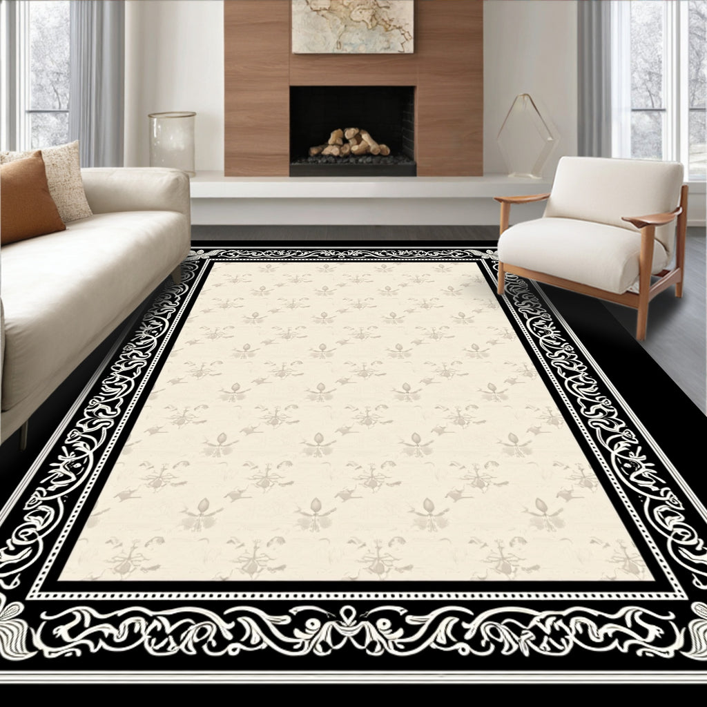 Vintage Cream and Black Floral Border Rug