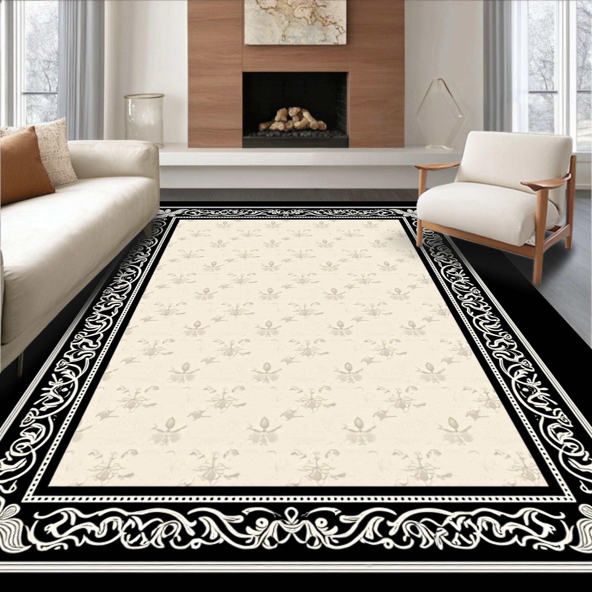 Vintage Cream and Black Floral Border Rug